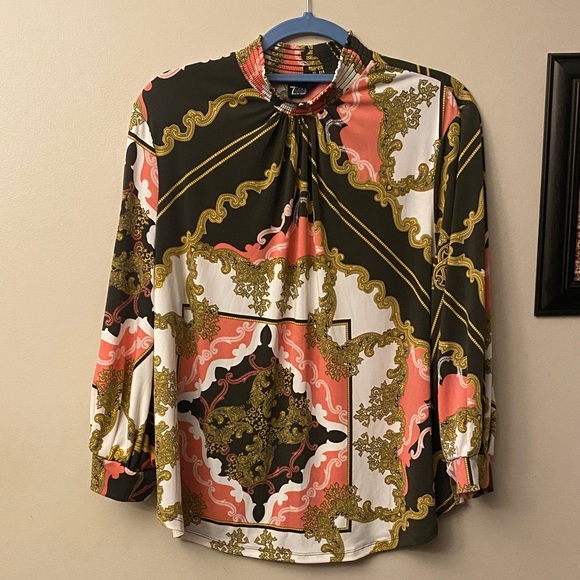 7Th Avenue Design Studio Tops - 7th Ave design studio NY & Co Women's Black, Pink, and Gold Baroque Blouse